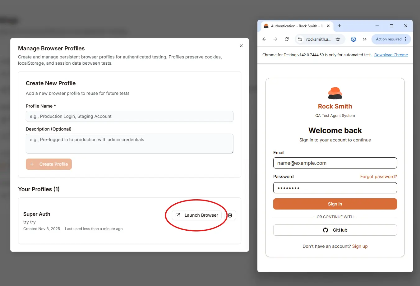 Manage Browser Profiles dialog showing the create profile form, a profile named Super Auth with Launch Browser highlighted, and the launched Chrome for Testing browser displaying the Rock Smith login page