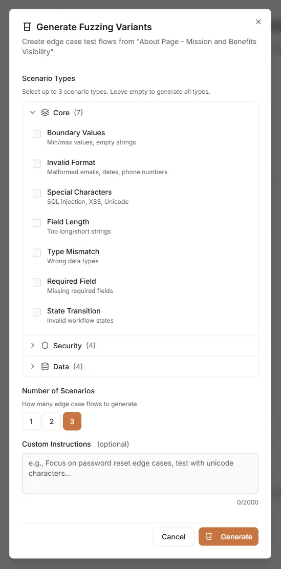 Generate Fuzzing Variants Dialog