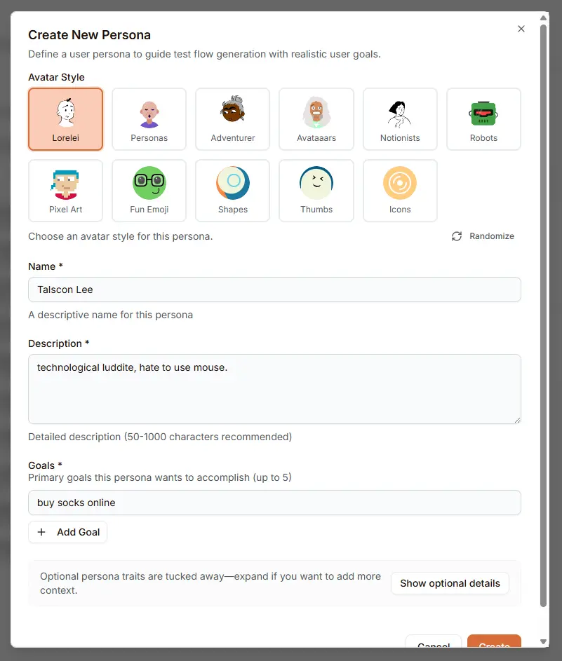 Create New Persona dialog showing avatar selection, name, description, and goals fields