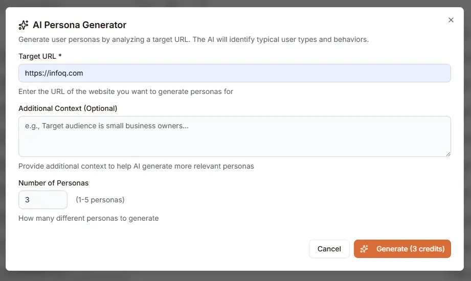 AI Persona Generator dialog with target URL, context, and persona count options