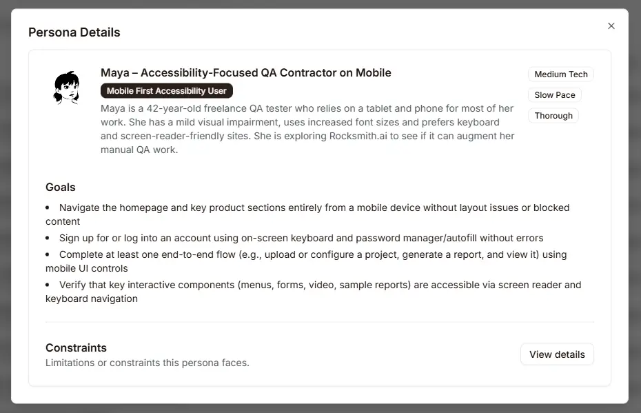 Persona Details card showing Maya's profile with goals and constraints